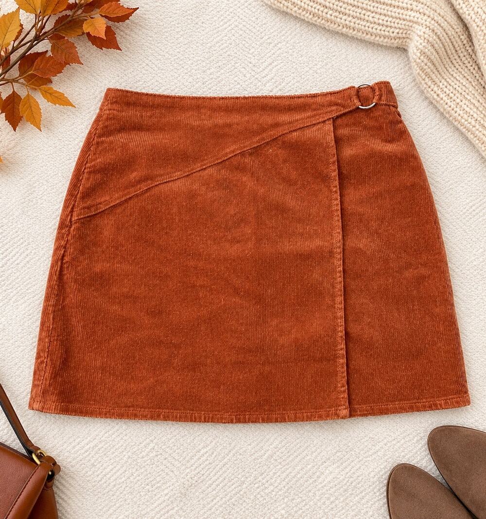 SO Goods For Life Rust Orange Corduroy Faux Wrap Mini Skirt Juniors Size 11 Fall